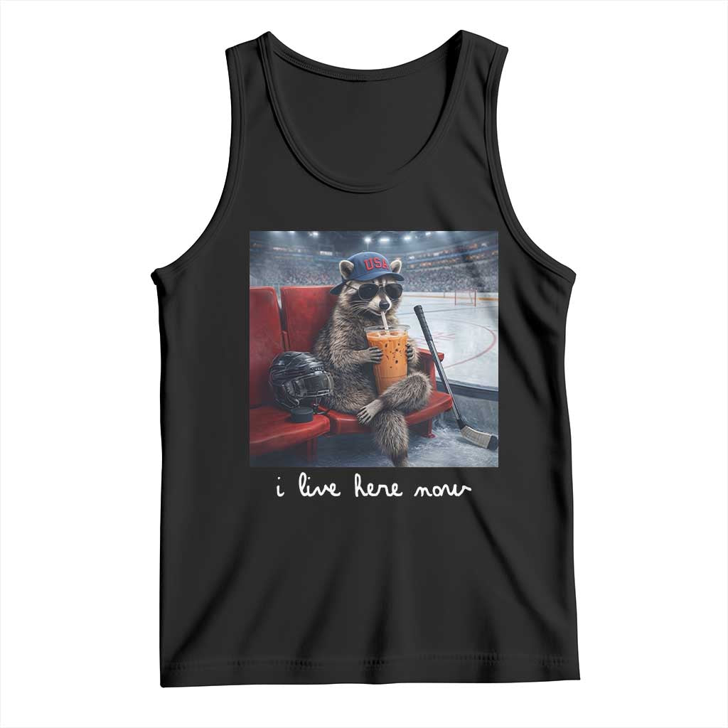 Hockey Mom Raccoon Iced Coffee Tank Top I Live Here Now