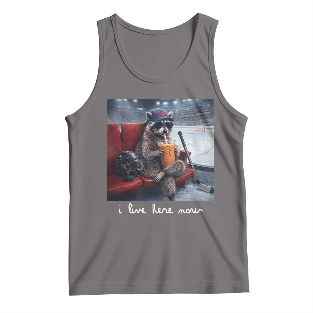 Hockey Mom Raccoon Iced Coffee Tank Top I Live Here Now
