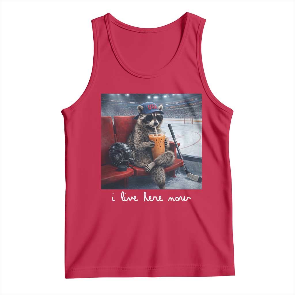 Hockey Mom Raccoon Iced Coffee Tank Top I Live Here Now