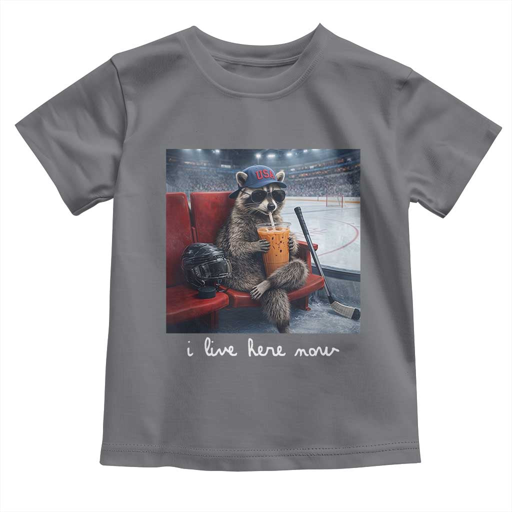Hockey Mom Raccoon Iced Coffee Toddler T Shirt I Live Here Now