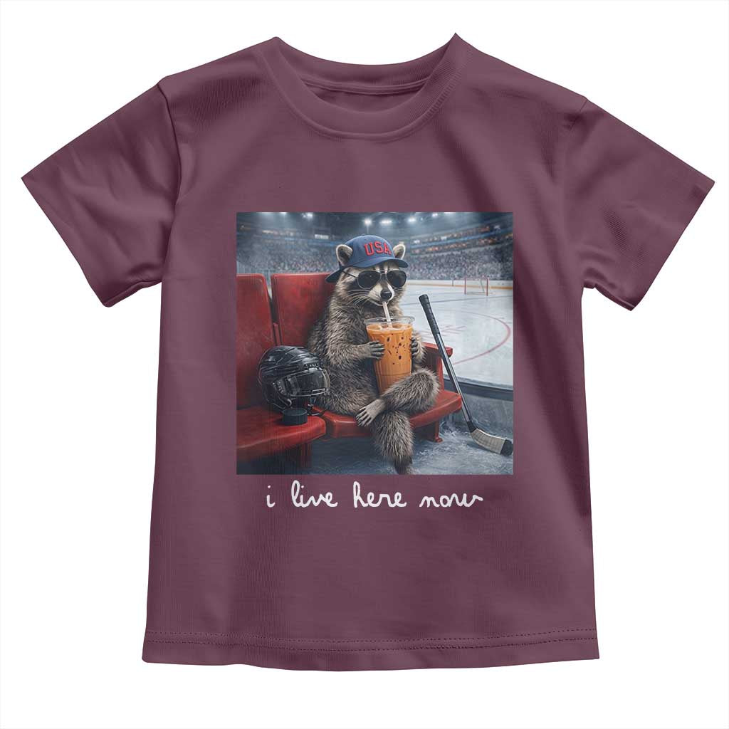 Hockey Mom Raccoon Iced Coffee Toddler T Shirt I Live Here Now