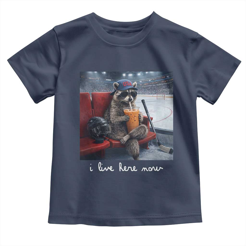 Hockey Mom Raccoon Iced Coffee Toddler T Shirt I Live Here Now
