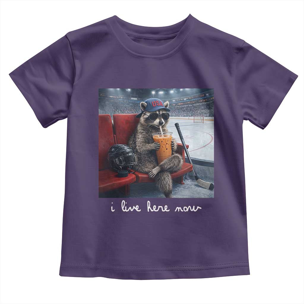 Hockey Mom Raccoon Iced Coffee Toddler T Shirt I Live Here Now