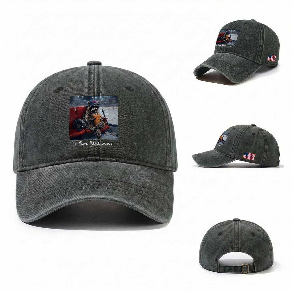 Hockey Mom Raccoon Iced Coffee Washed Cotton Baseball Cap I Live Here Now
