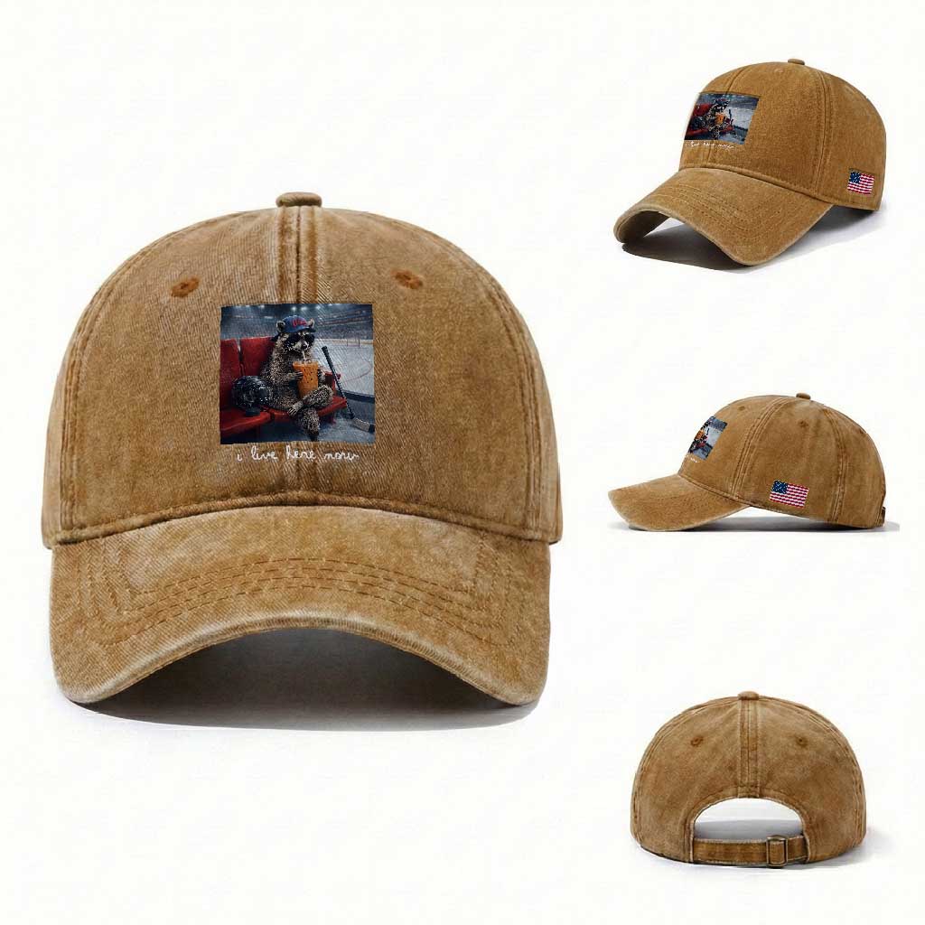 Hockey Mom Raccoon Iced Coffee Washed Cotton Baseball Cap I Live Here Now