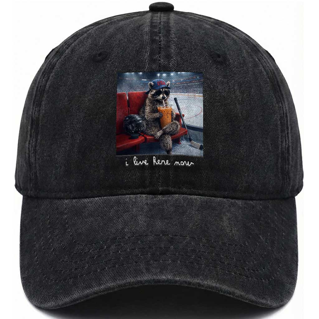 Hockey Mom Raccoon Iced Coffee Washed Cotton Baseball Cap I Live Here Now