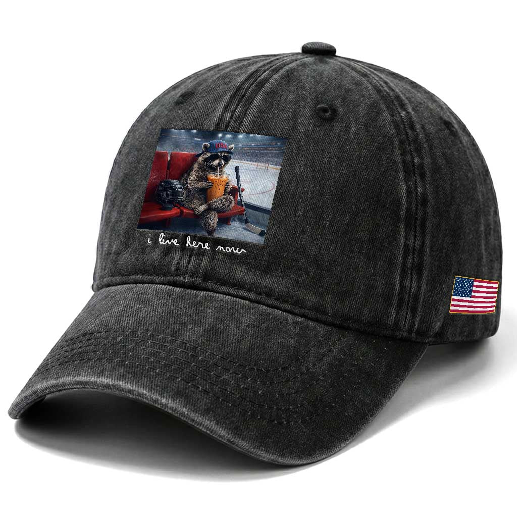 Hockey Mom Raccoon Iced Coffee Washed Cotton Baseball Cap I Live Here Now
