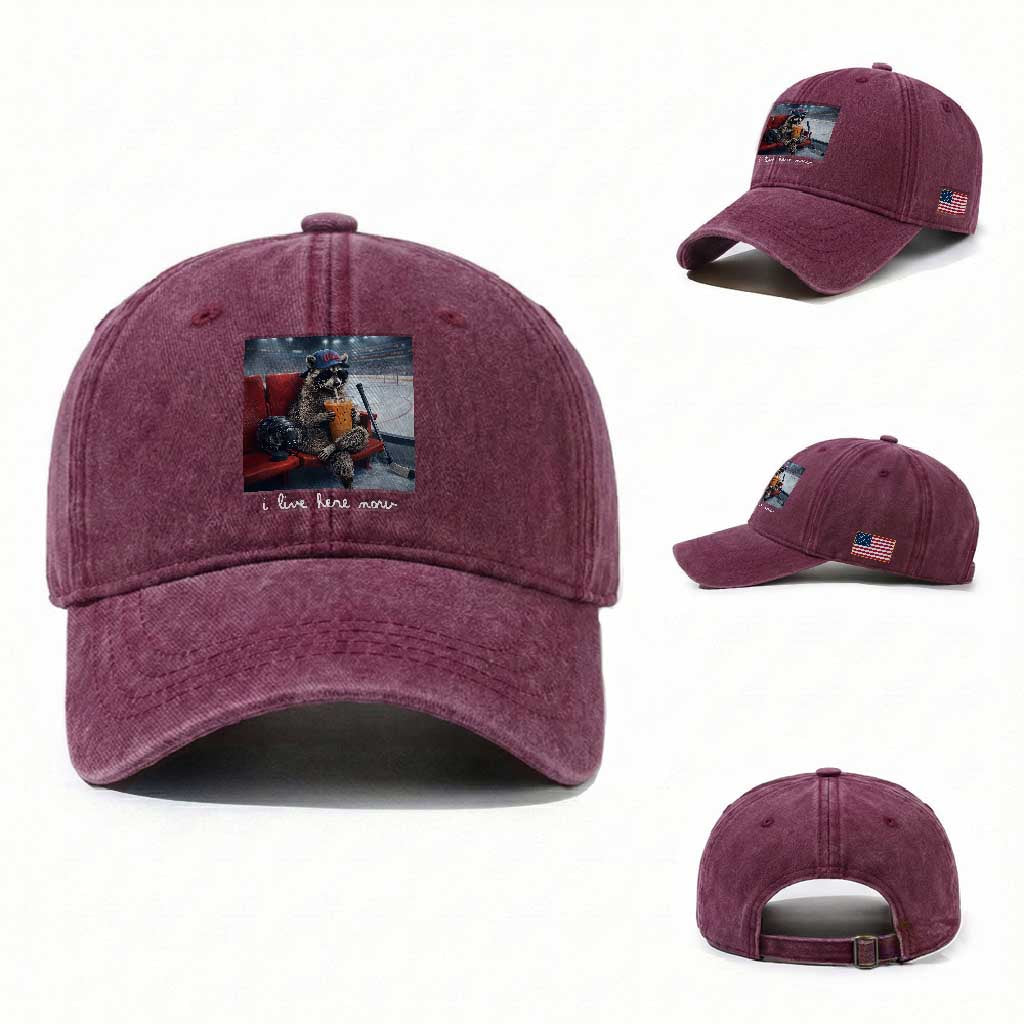 Hockey Mom Raccoon Iced Coffee Washed Cotton Baseball Cap I Live Here Now