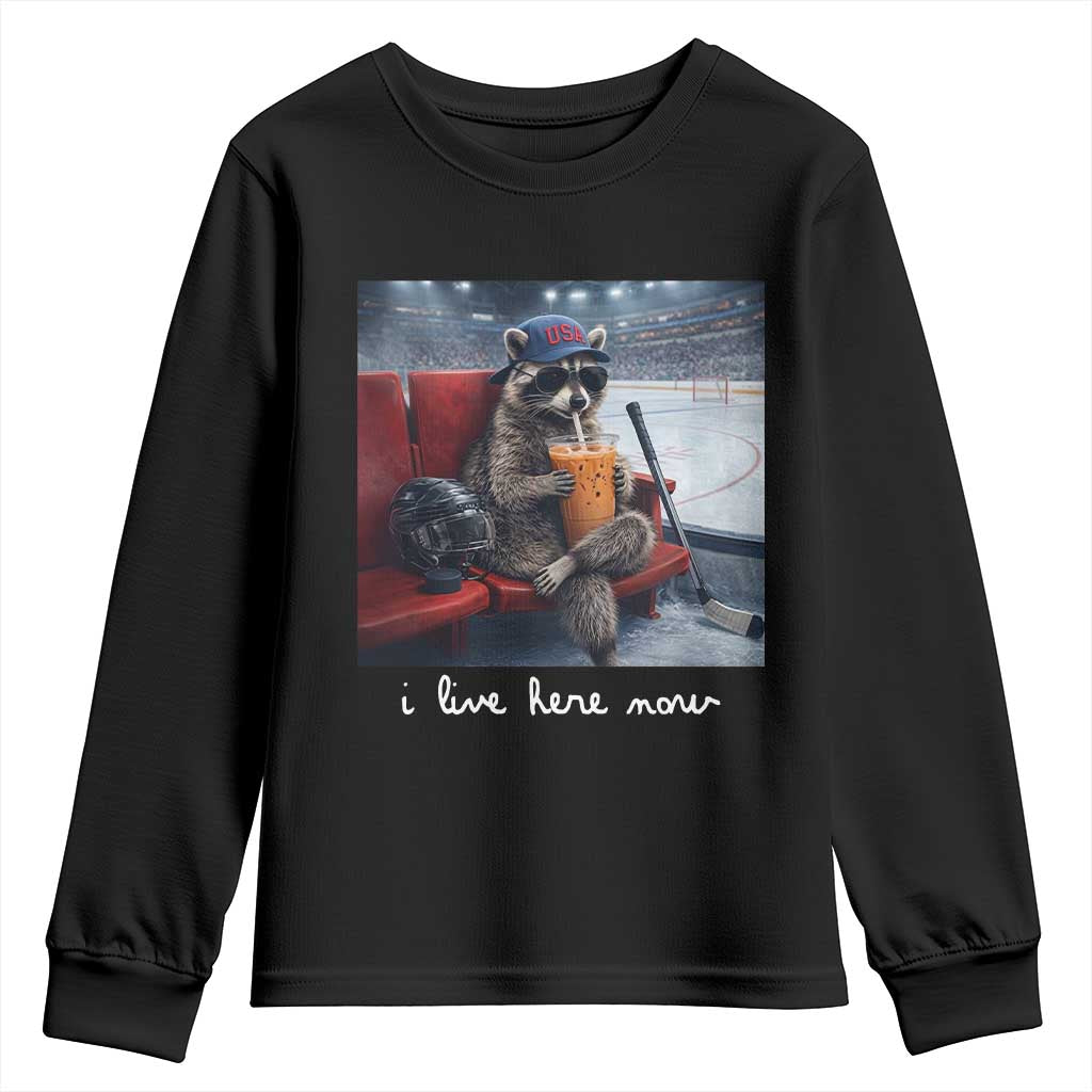 Hockey Mom Raccoon Iced Coffee Youth Sweatshirt I Live Here Now