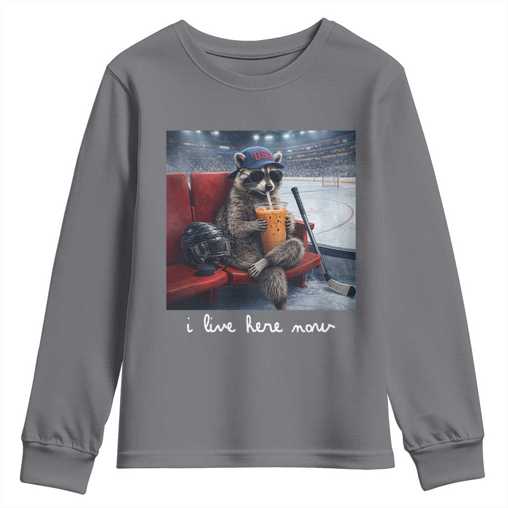 Hockey Mom Raccoon Iced Coffee Youth Sweatshirt I Live Here Now