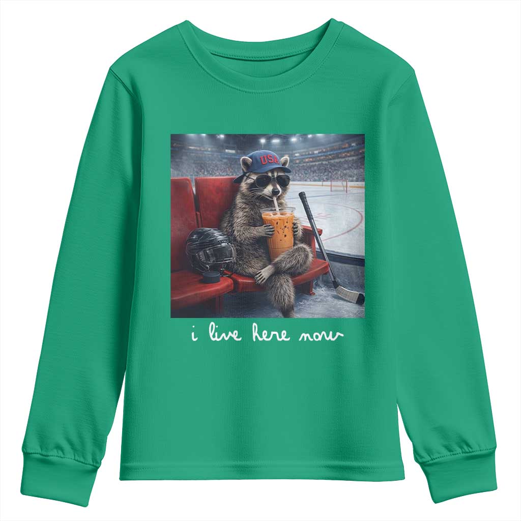 Hockey Mom Raccoon Iced Coffee Youth Sweatshirt I Live Here Now