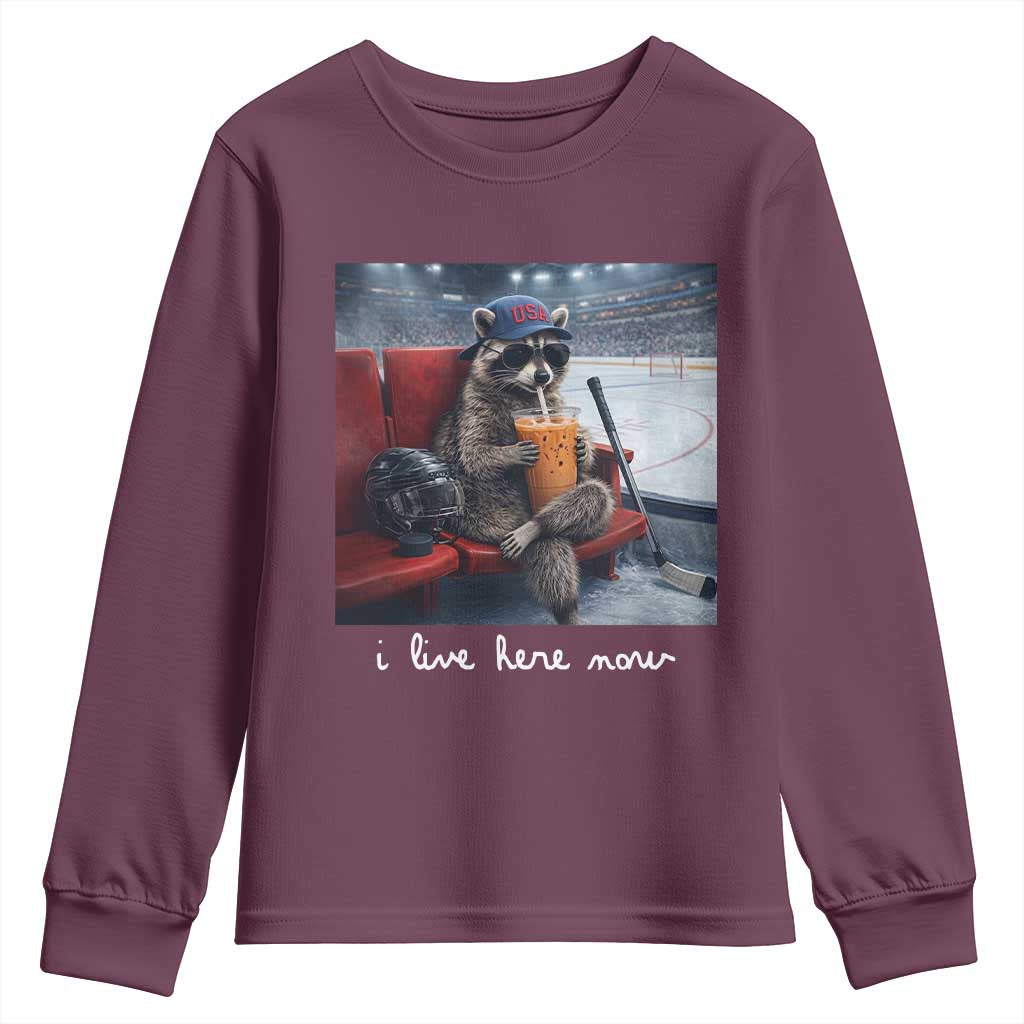 Hockey Mom Raccoon Iced Coffee Youth Sweatshirt I Live Here Now