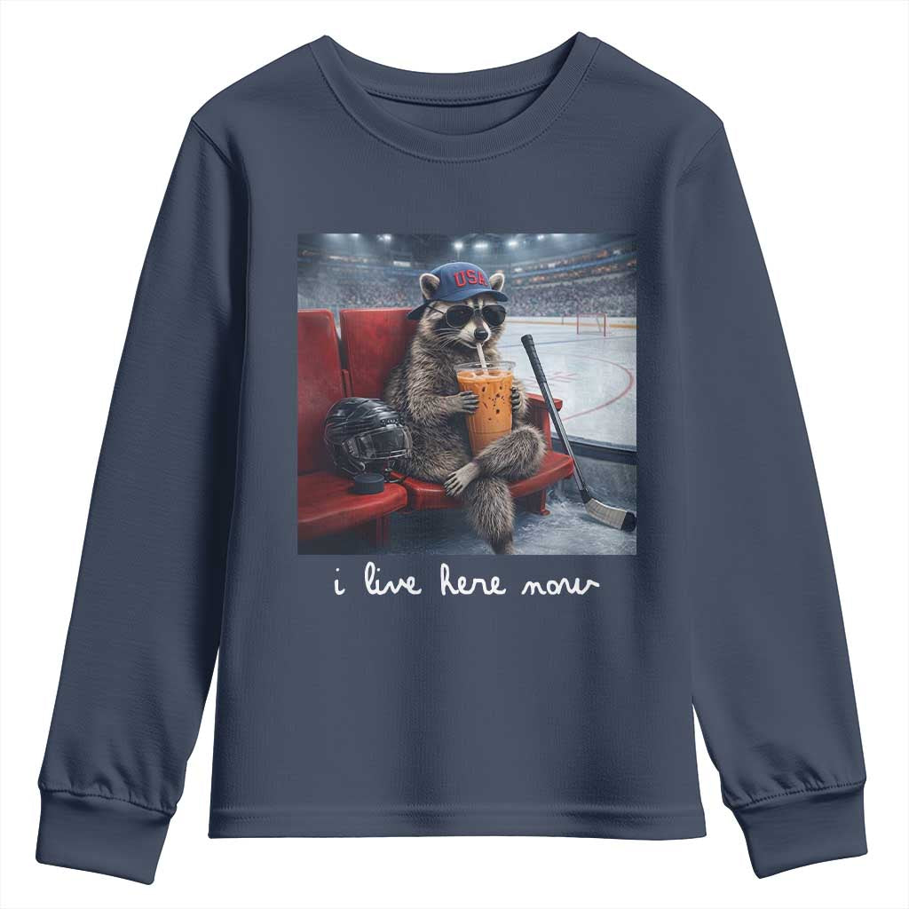 Hockey Mom Raccoon Iced Coffee Youth Sweatshirt I Live Here Now