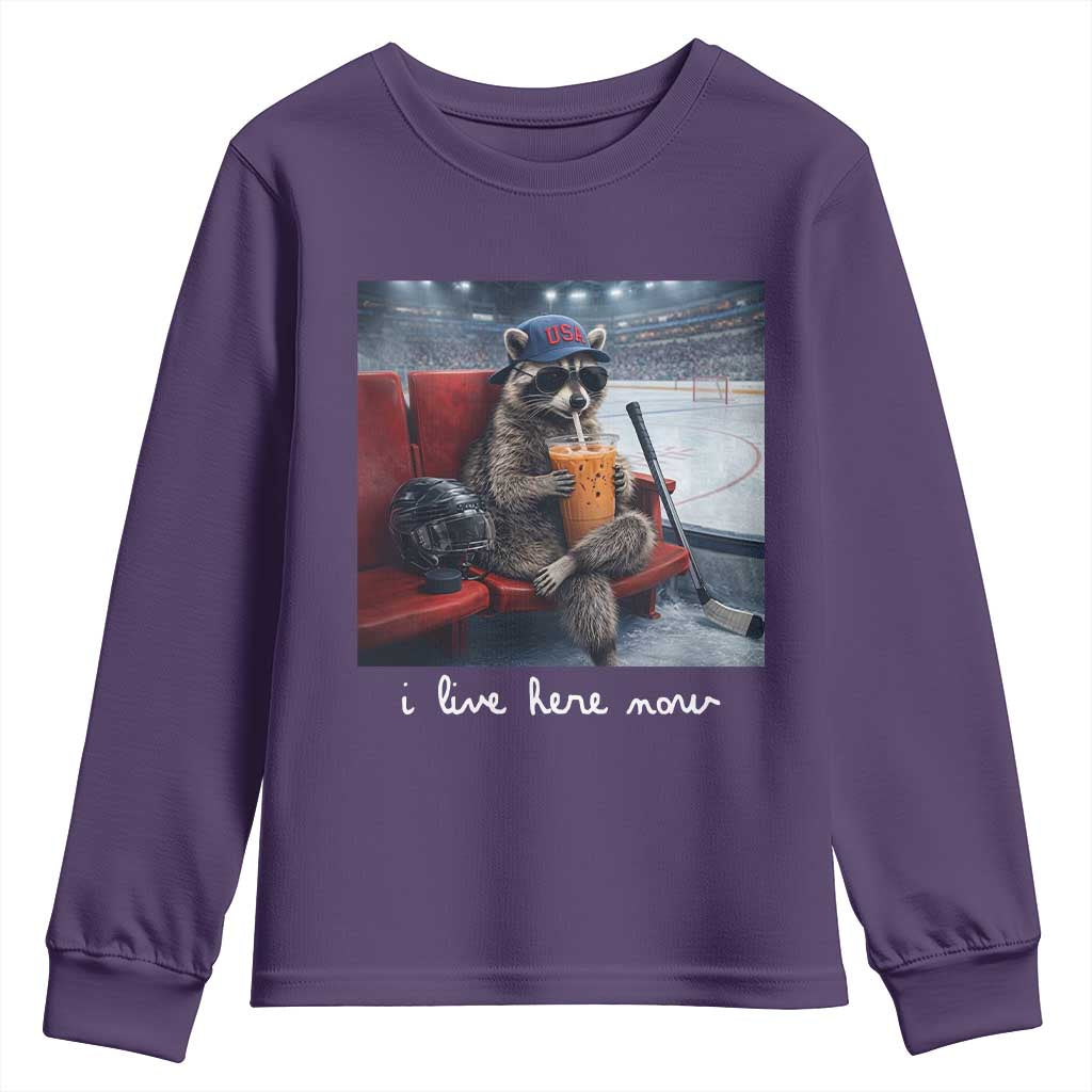 Hockey Mom Raccoon Iced Coffee Youth Sweatshirt I Live Here Now
