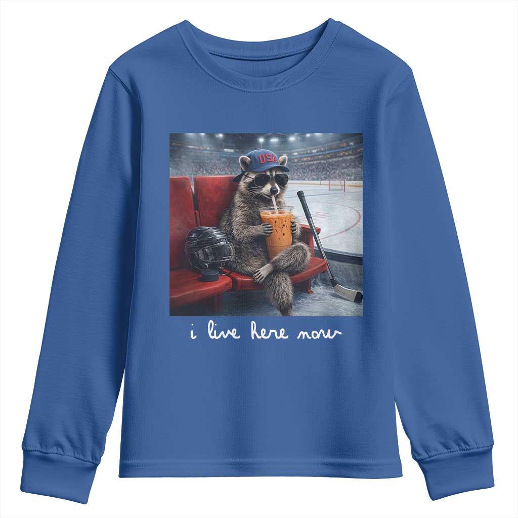 Hockey Mom Raccoon Iced Coffee Youth Sweatshirt I Live Here Now