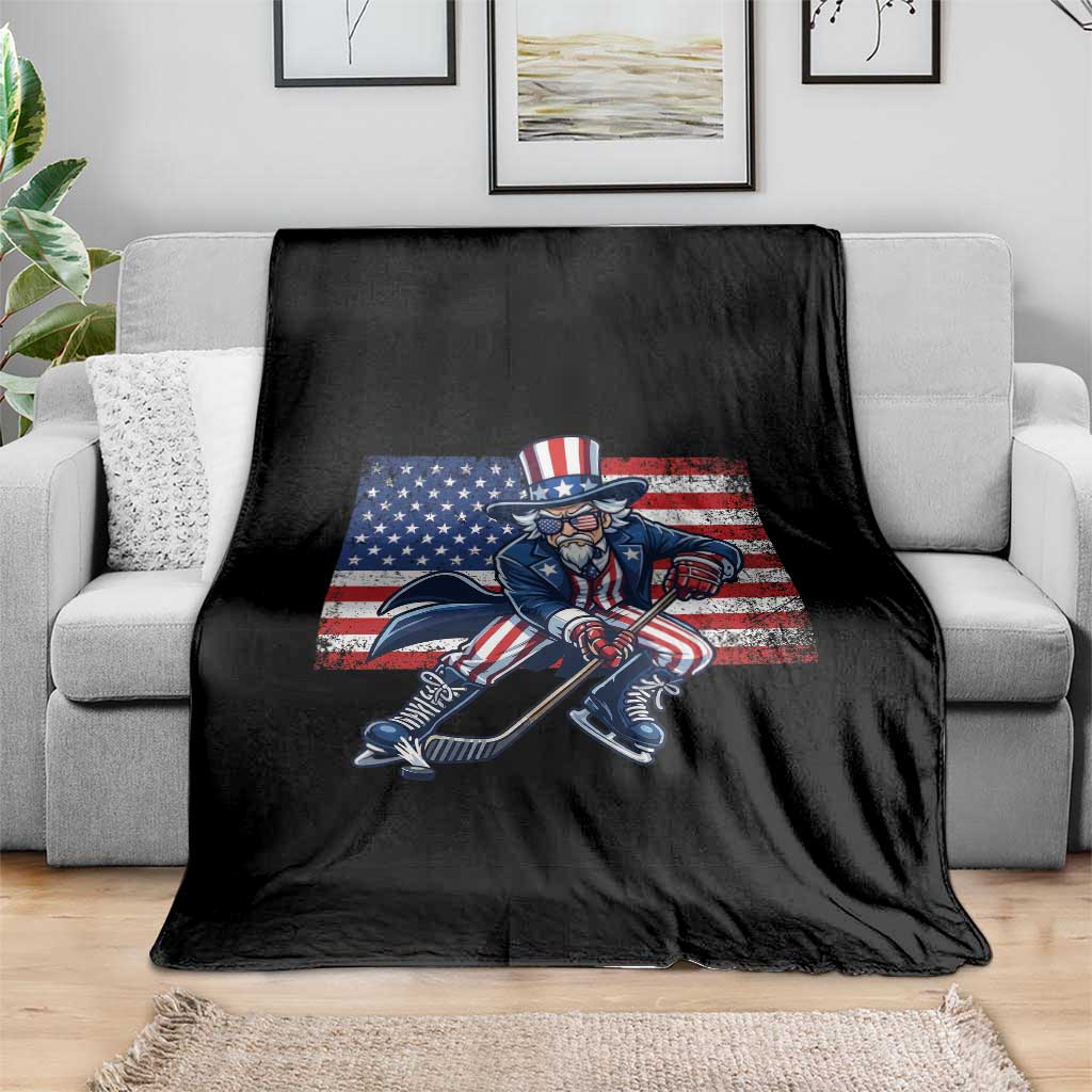 Uncle Sam Hockey Player 4th of July American Flag Throw Blanket