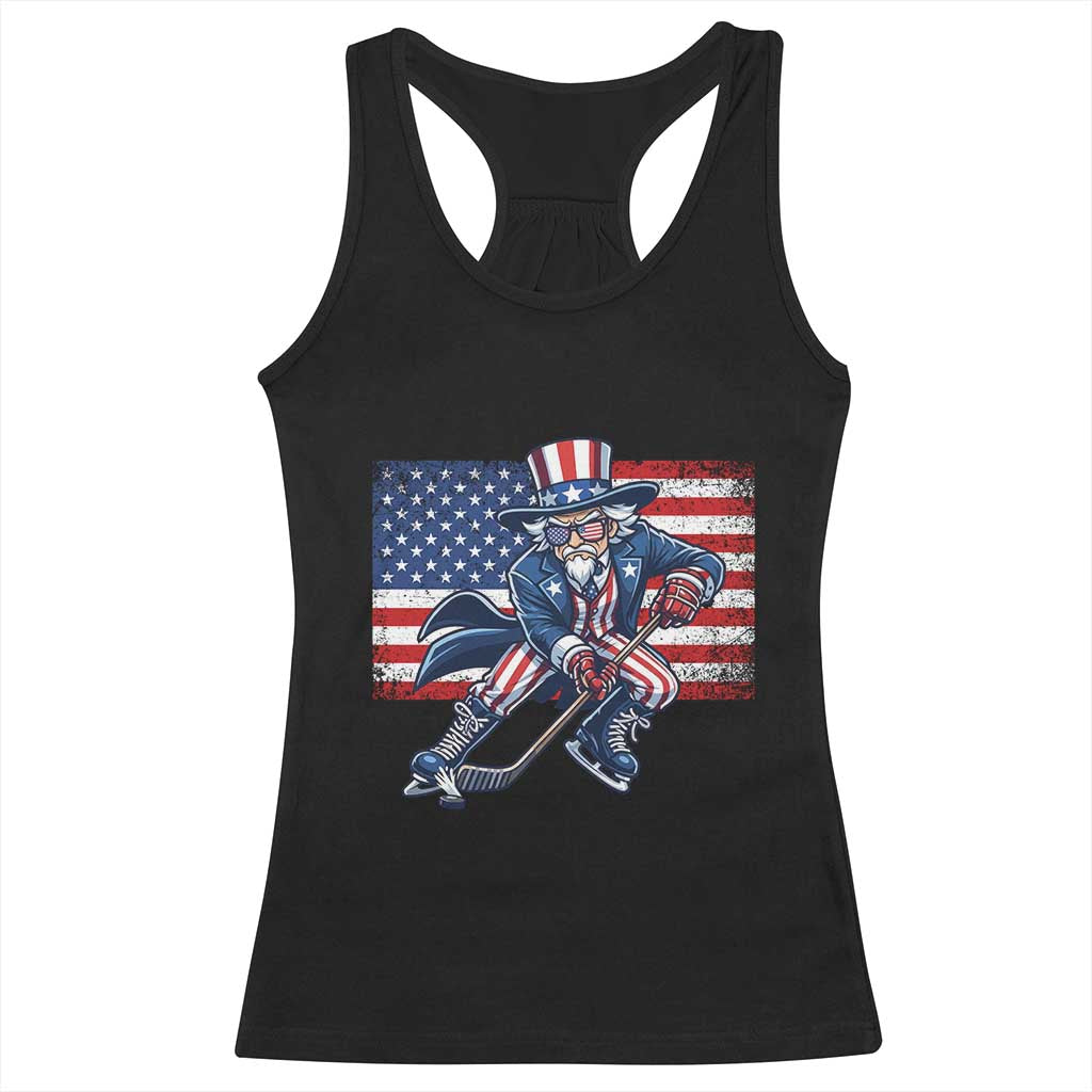 Uncle Sam Hockey Player 4th of July American Flag Racerback Tank Top