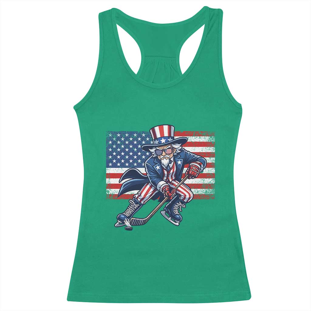 Uncle Sam Hockey Player 4th of July American Flag Racerback Tank Top