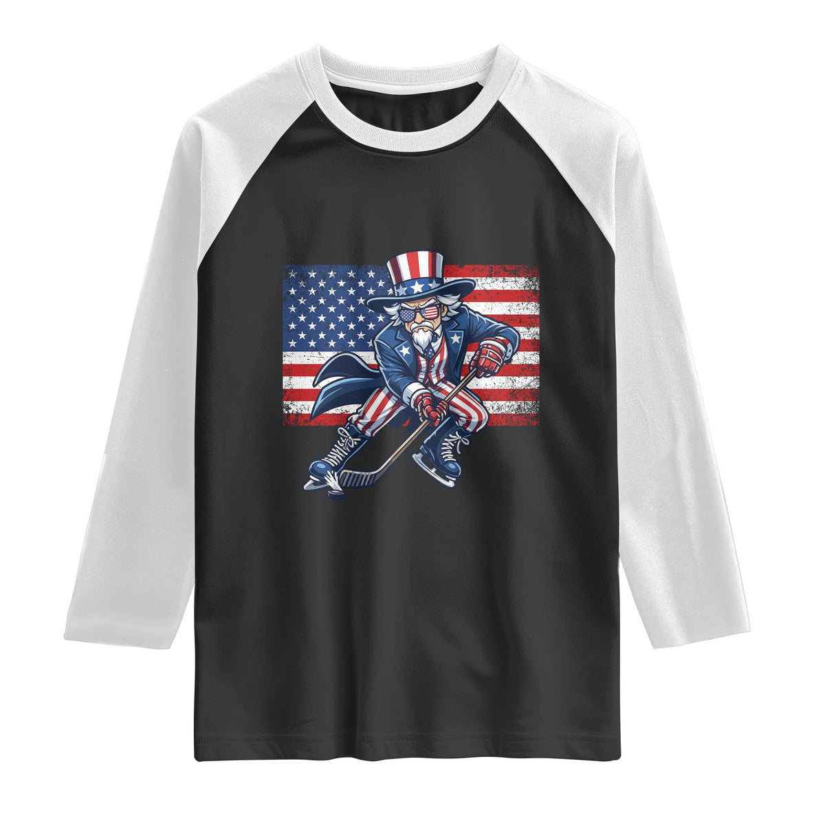 Uncle Sam Hockey Player 4th of July American Flag Raglan Shirt