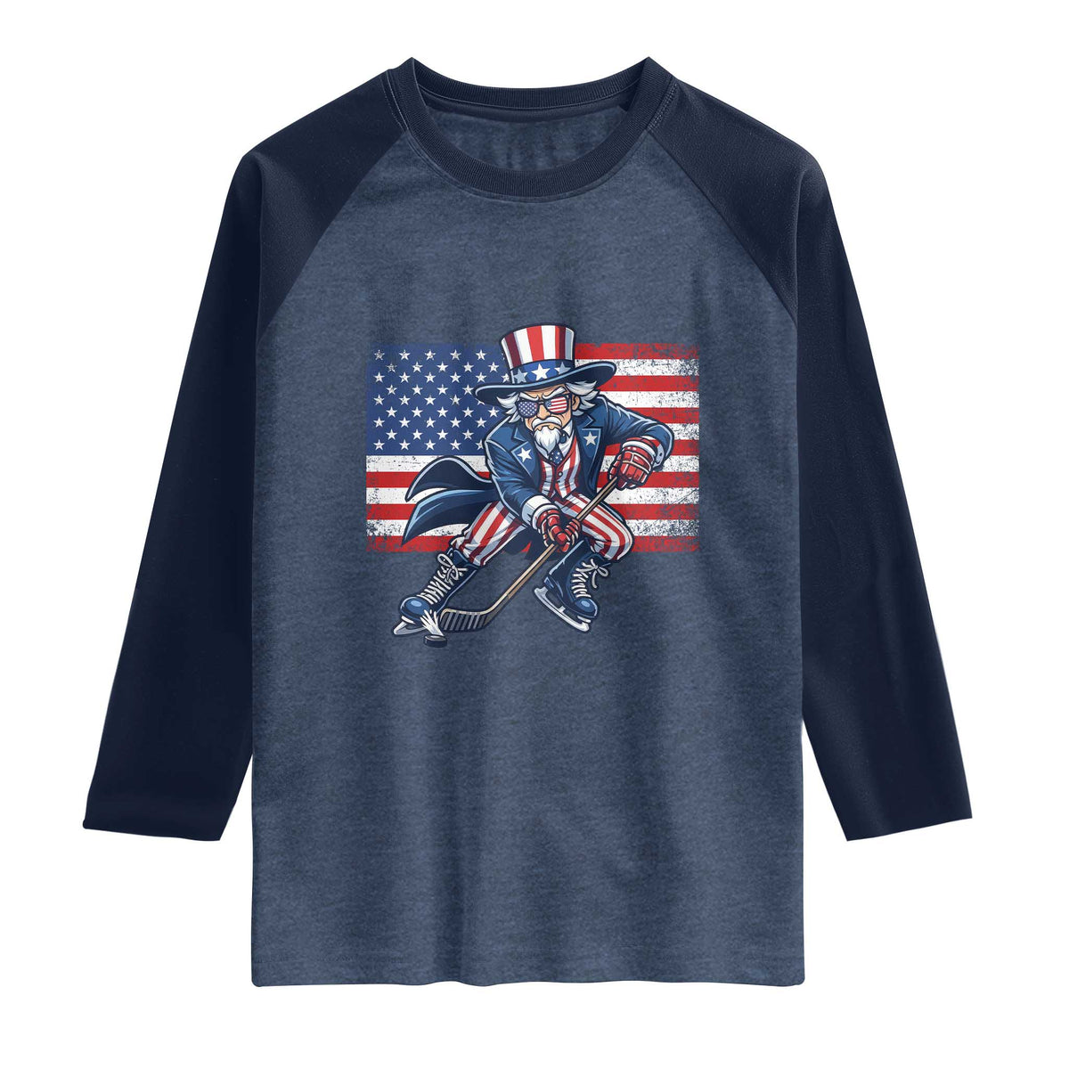 Uncle Sam Hockey Player 4th of July American Flag Raglan Shirt