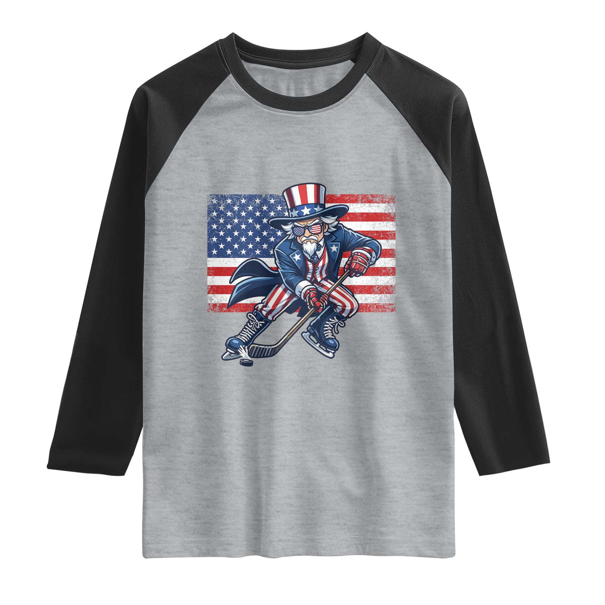 Uncle Sam Hockey Player 4th of July American Flag Raglan Shirt