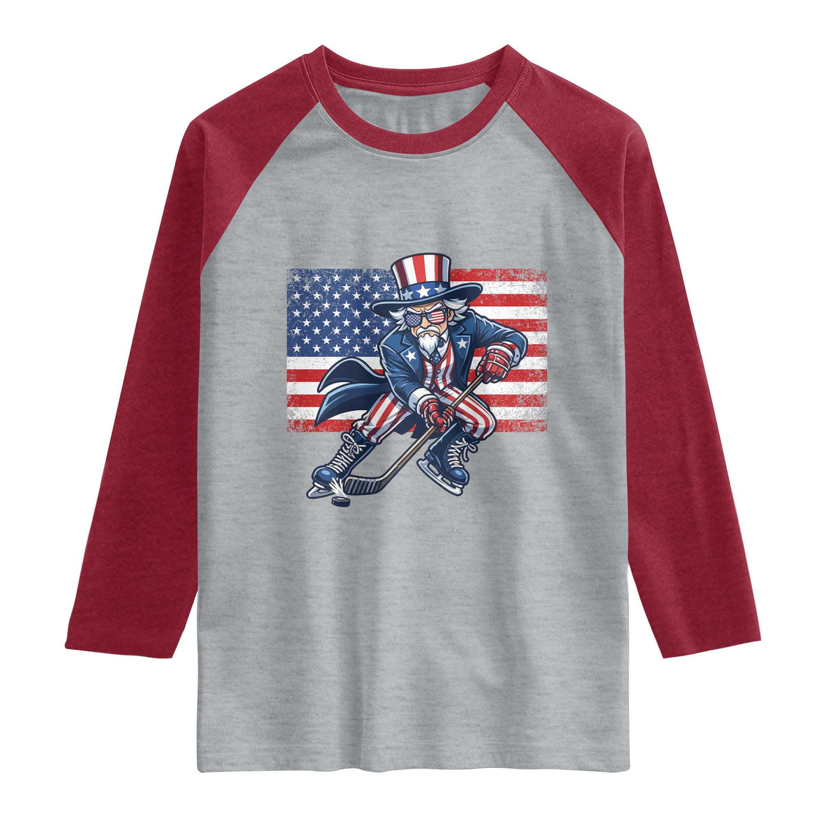 Uncle Sam Hockey Player 4th of July American Flag Raglan Shirt
