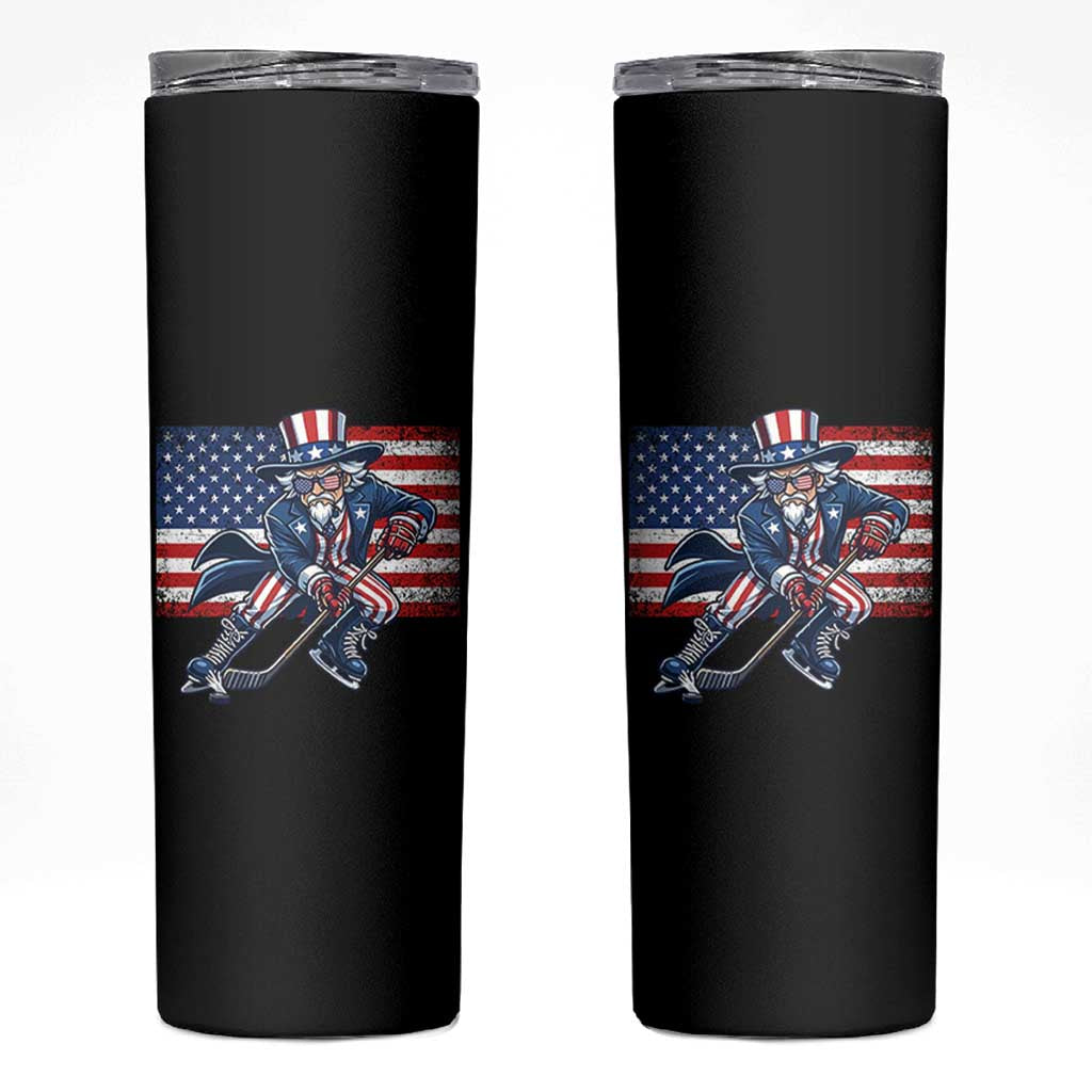 Uncle Sam Hockey Player 4th of July American Flag Skinny Tumbler