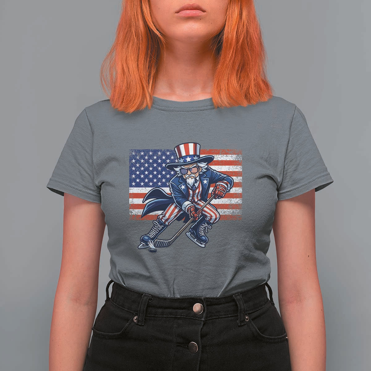 Uncle Sam Hockey Player 4th of July American Flag T Shirt For Women