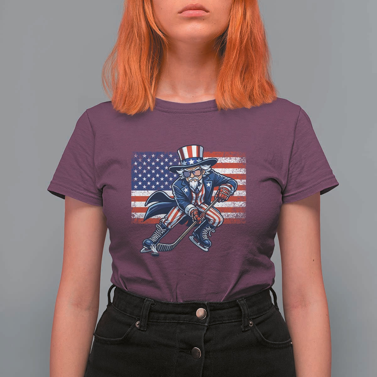 Uncle Sam Hockey Player 4th of July American Flag T Shirt For Women