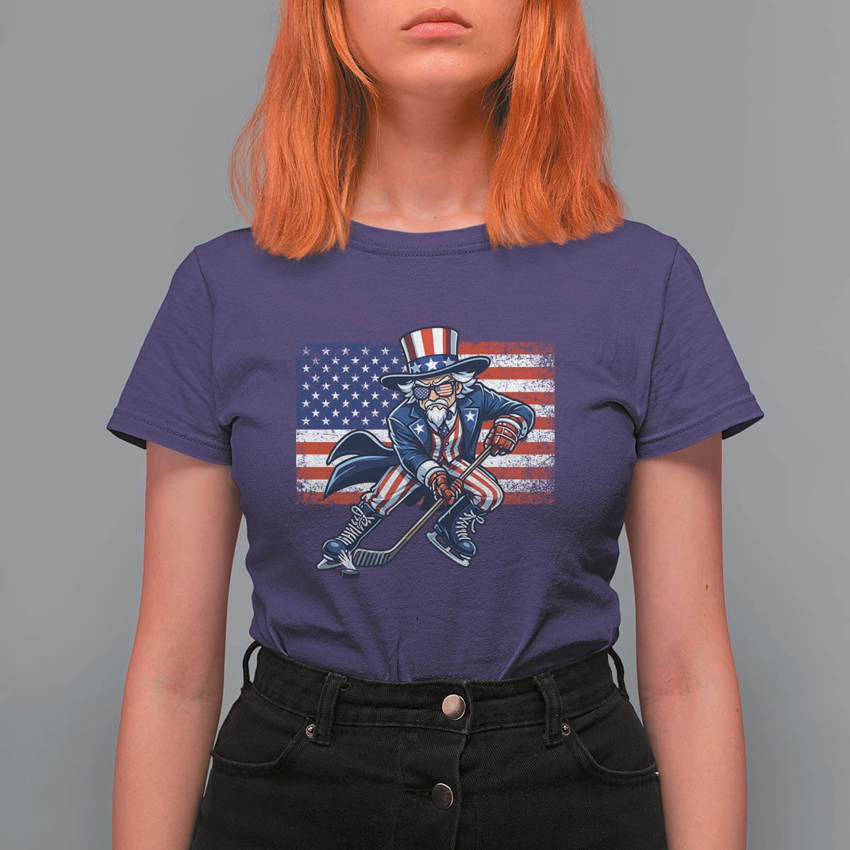 Uncle Sam Hockey Player 4th of July American Flag T Shirt For Women