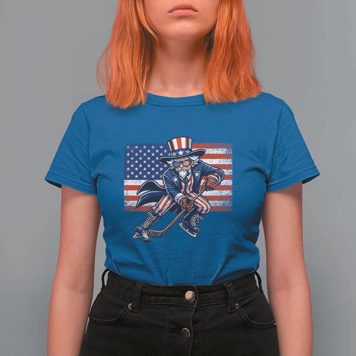 Uncle Sam Hockey Player 4th of July American Flag T Shirt For Women