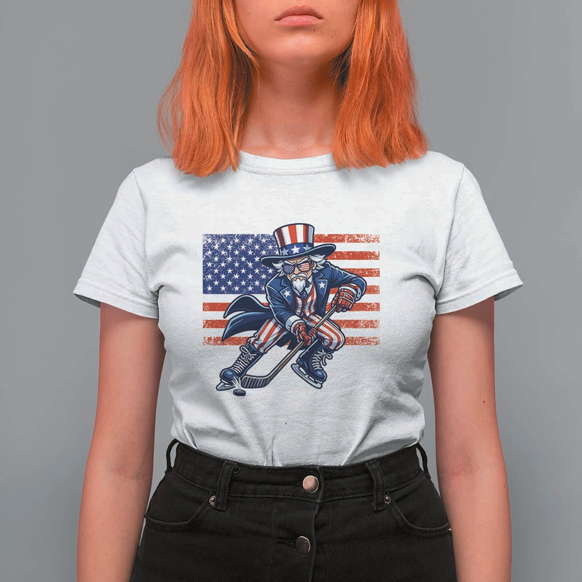 Uncle Sam Hockey Player 4th of July American Flag T Shirt For Women