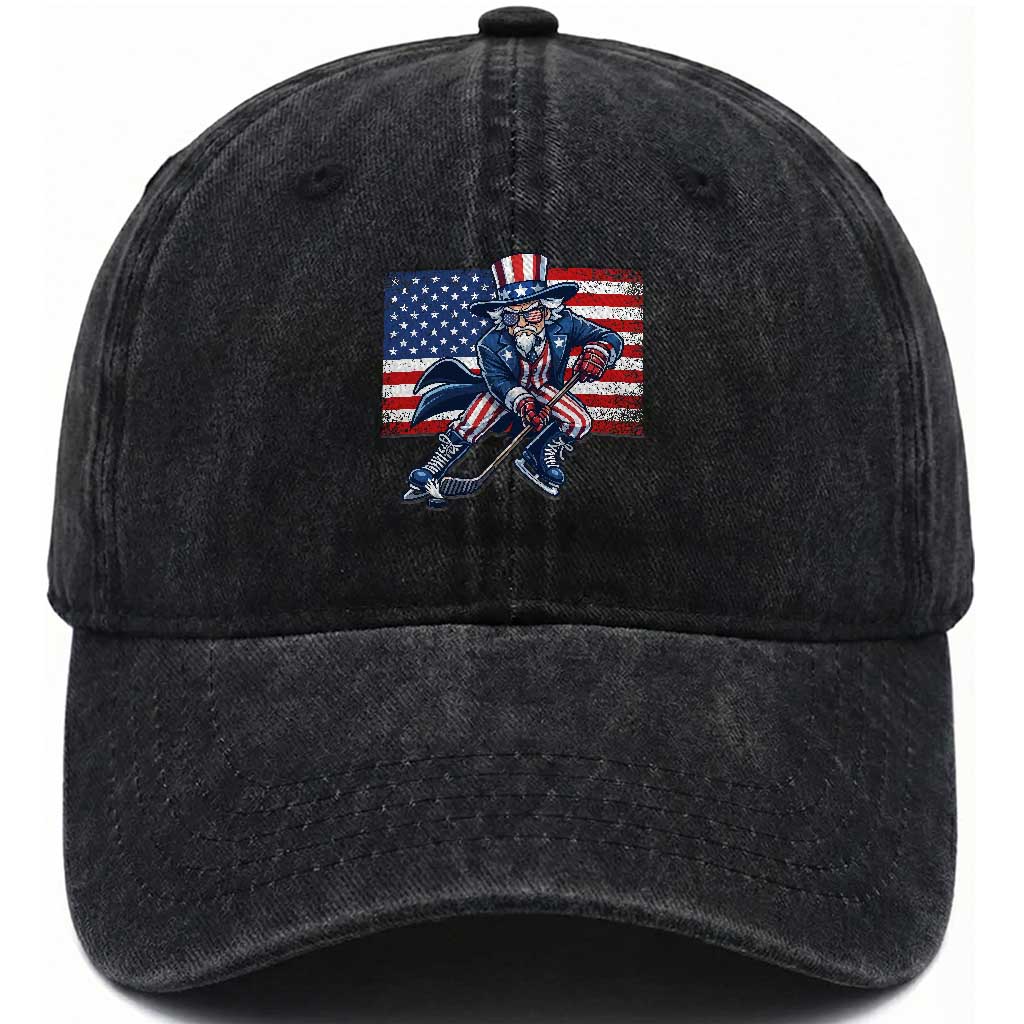 Uncle Sam Hockey Player 4th of July American Flag Washed Cotton Baseball Cap
