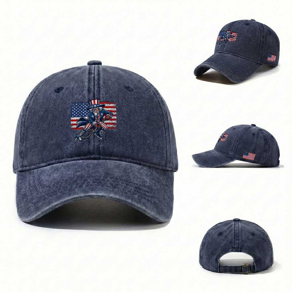 Uncle Sam Hockey Player 4th of July American Flag Washed Cotton Baseball Cap