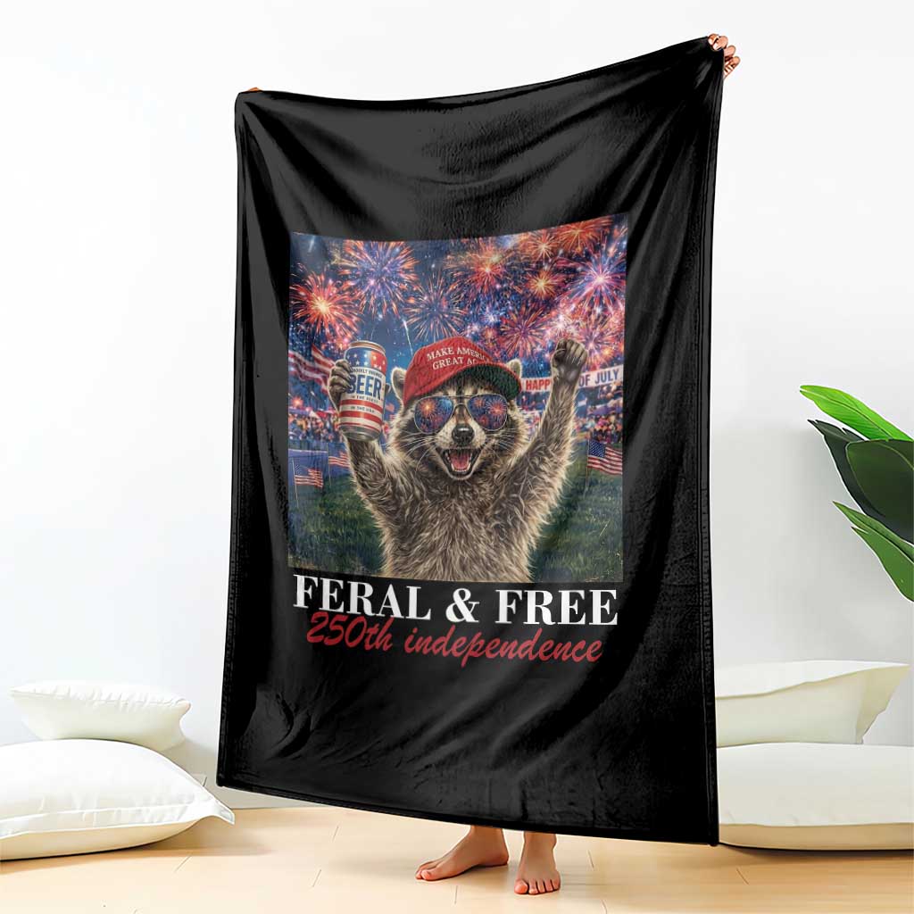 USA 250 Years Freedom Throw Blanket Feral and Free Funny Raccoon Driking Beer 4th of July