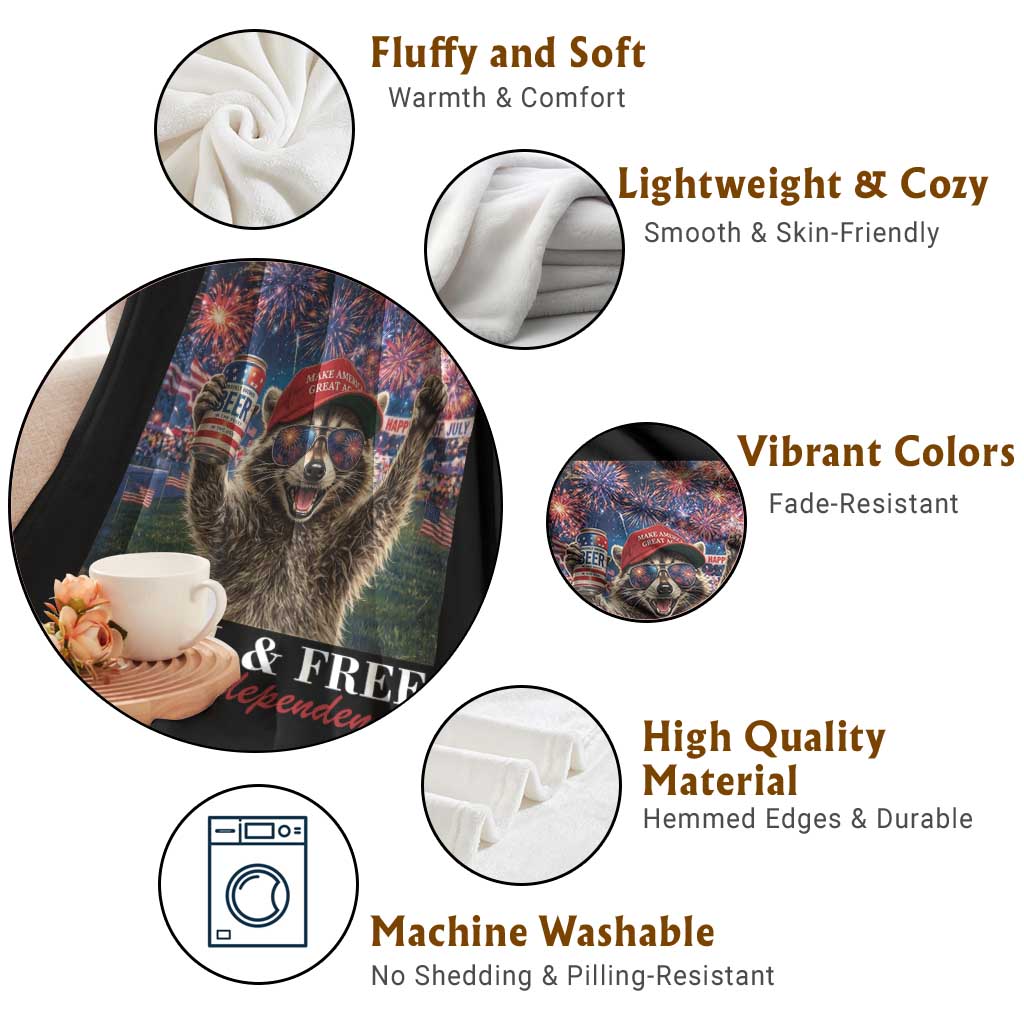 USA 250 Years Freedom Throw Blanket Feral and Free Funny Raccoon Driking Beer 4th of July
