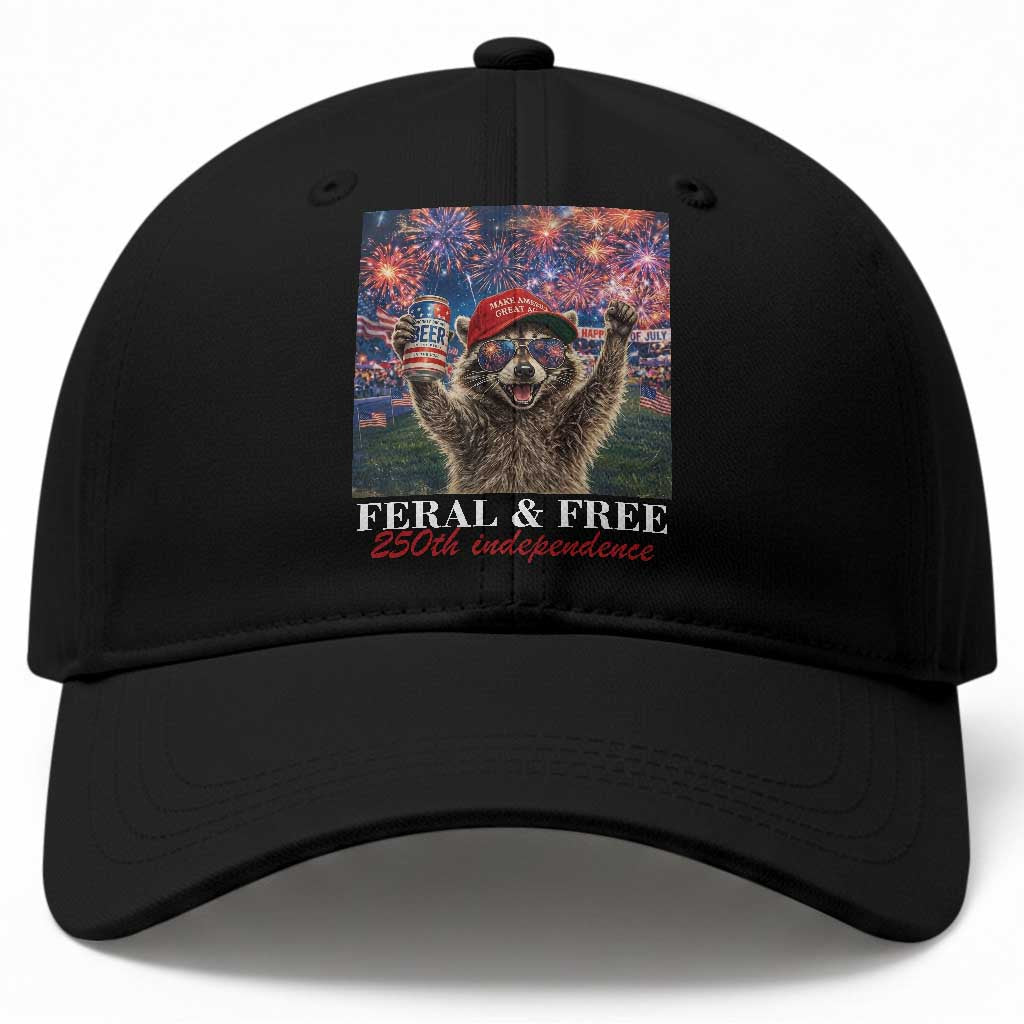 USA 250 Years Freedom Baseball Cap Feral and Free Funny Raccoon Driking Beer 4th of July