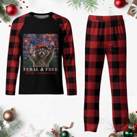 USA 250 Years Freedom Plaid Pajama Set Feral and Free Funny Raccoon Driking Beer 4th of July