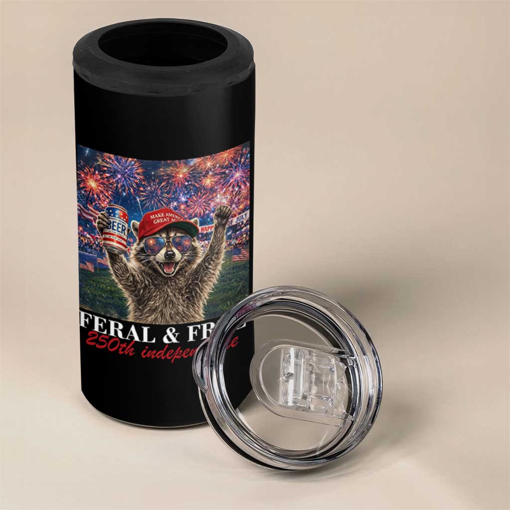 USA 250 Years Freedom 4 in 1 Can Cooler Tumbler Feral and Free Funny Raccoon Driking Beer 4th of July