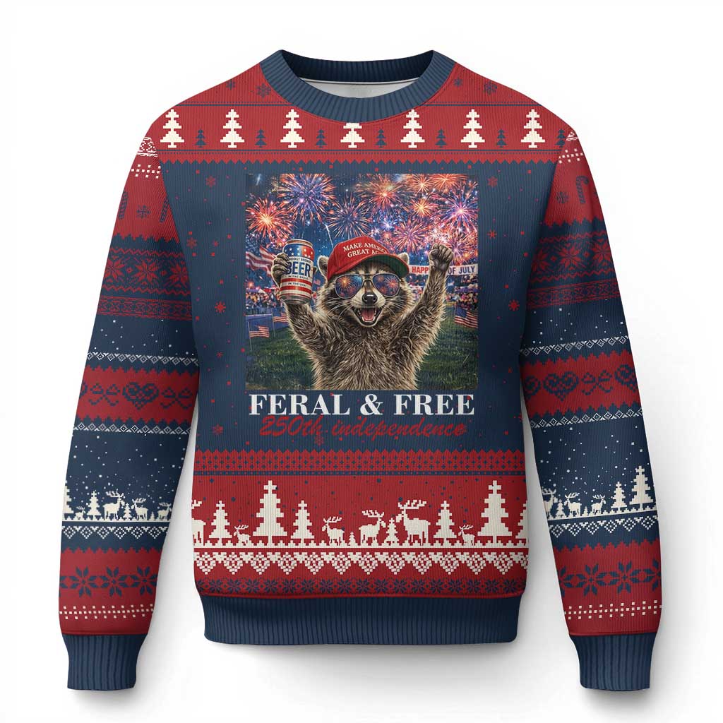 USA 250 Years Freedom Ugly Christmas Sweater Feral and Free Funny Raccoon Driking Beer 4th of July