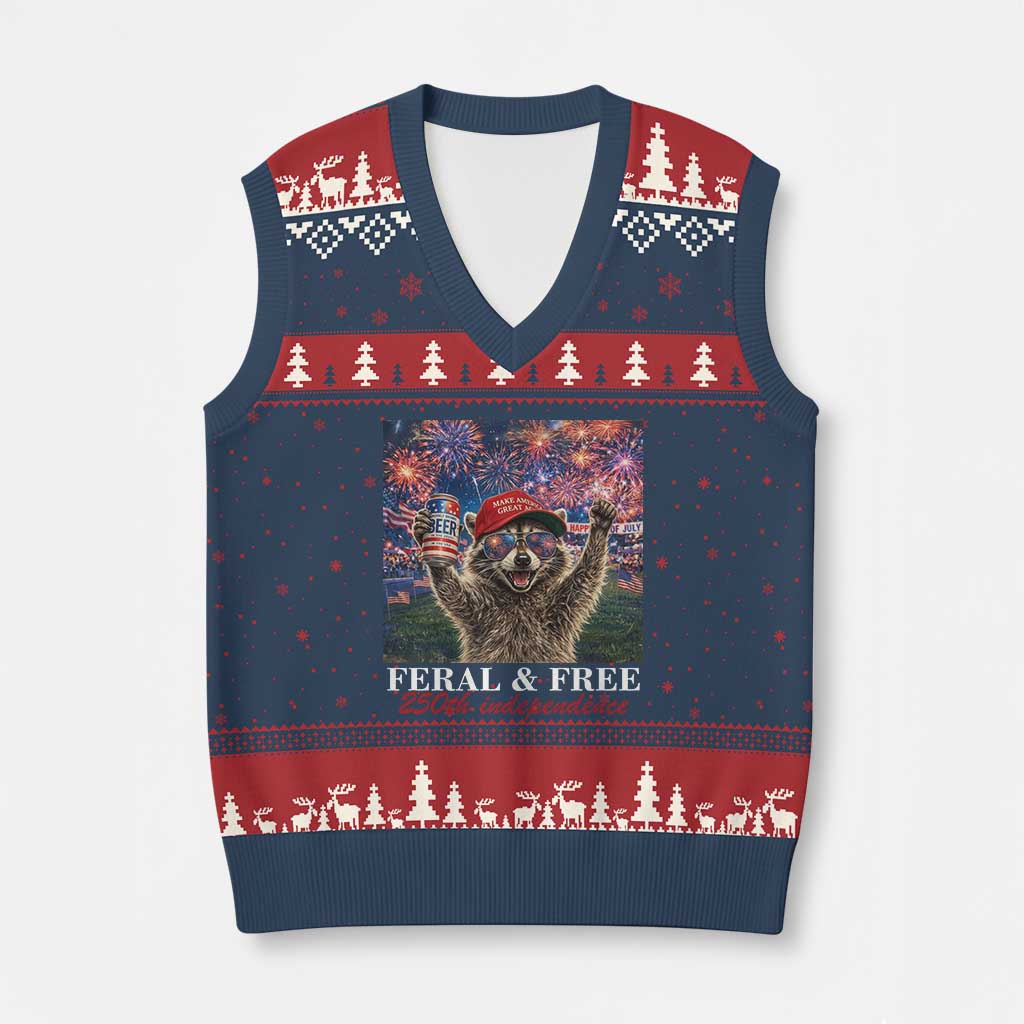 USA 250 Years Freedom V-Neck Knit Sweater Vest Feral and Free Funny Raccoon Driking Beer 4th of July
