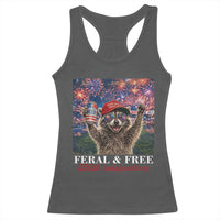 USA 250 Years Freedom Racerback Tank Top Feral and Free Funny Raccoon Driking Beer 4th of July