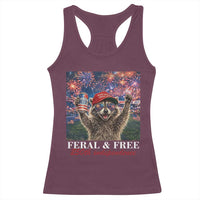 USA 250 Years Freedom Racerback Tank Top Feral and Free Funny Raccoon Driking Beer 4th of July