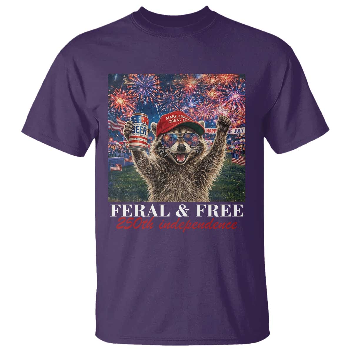 USA 250 Years Freedom T Shirt Feral and Free Funny Raccoon Driking Beer 4th of July