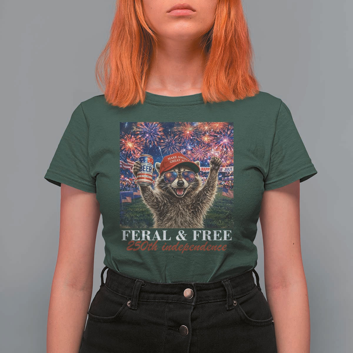 USA 250 Years Freedom T Shirt For Women Feral and Free Funny Raccoon Driking Beer 4th of July