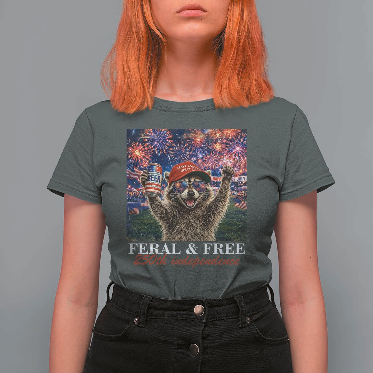 USA 250 Years Freedom T Shirt For Women Feral and Free Funny Raccoon Driking Beer 4th of July