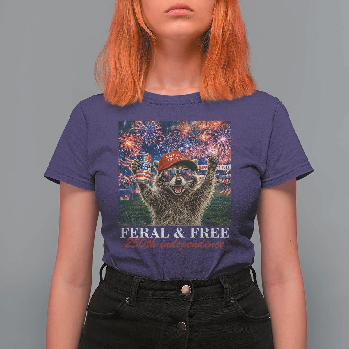 USA 250 Years Freedom T Shirt For Women Feral and Free Funny Raccoon Driking Beer 4th of July