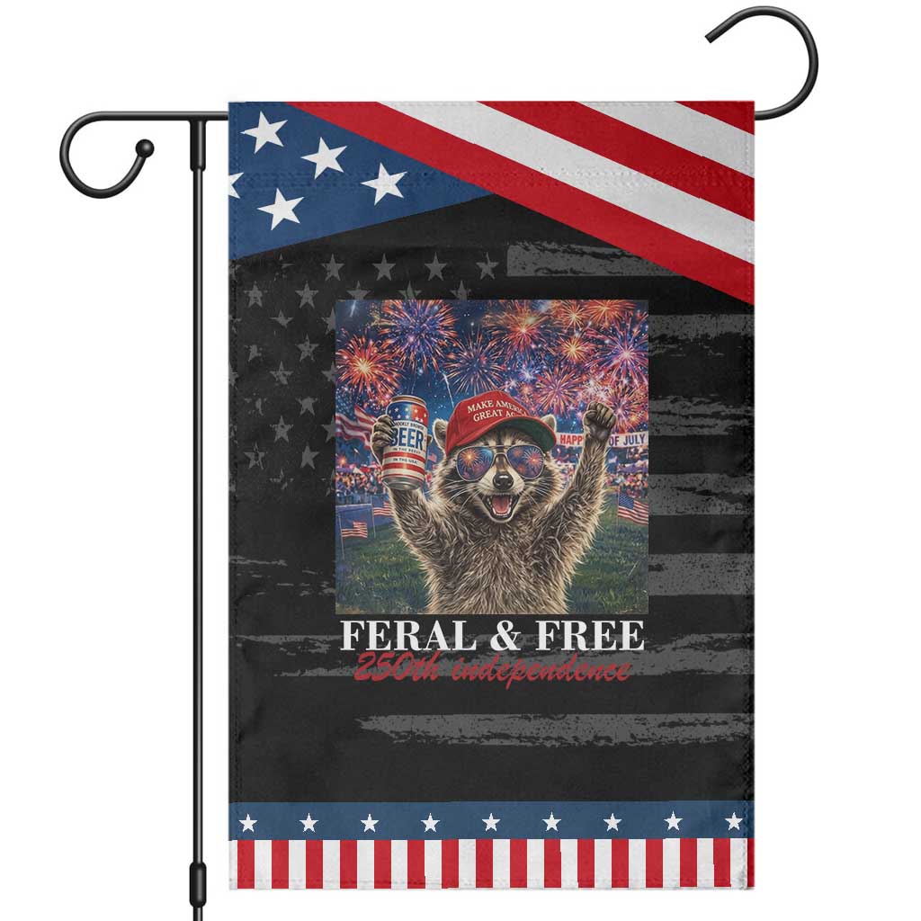 USA 250 Years Freedom Patriotic Garden Flag Feral and Free Funny Raccoon Driking Beer 4th of July