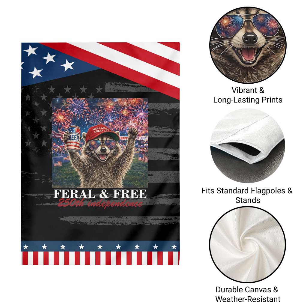 USA 250 Years Freedom Patriotic Garden Flag Feral and Free Funny Raccoon Driking Beer 4th of July
