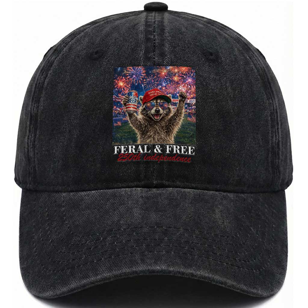 USA 250 Years Freedom Washed Cotton Baseball Cap Feral and Free Funny Raccoon Driking Beer 4th of July